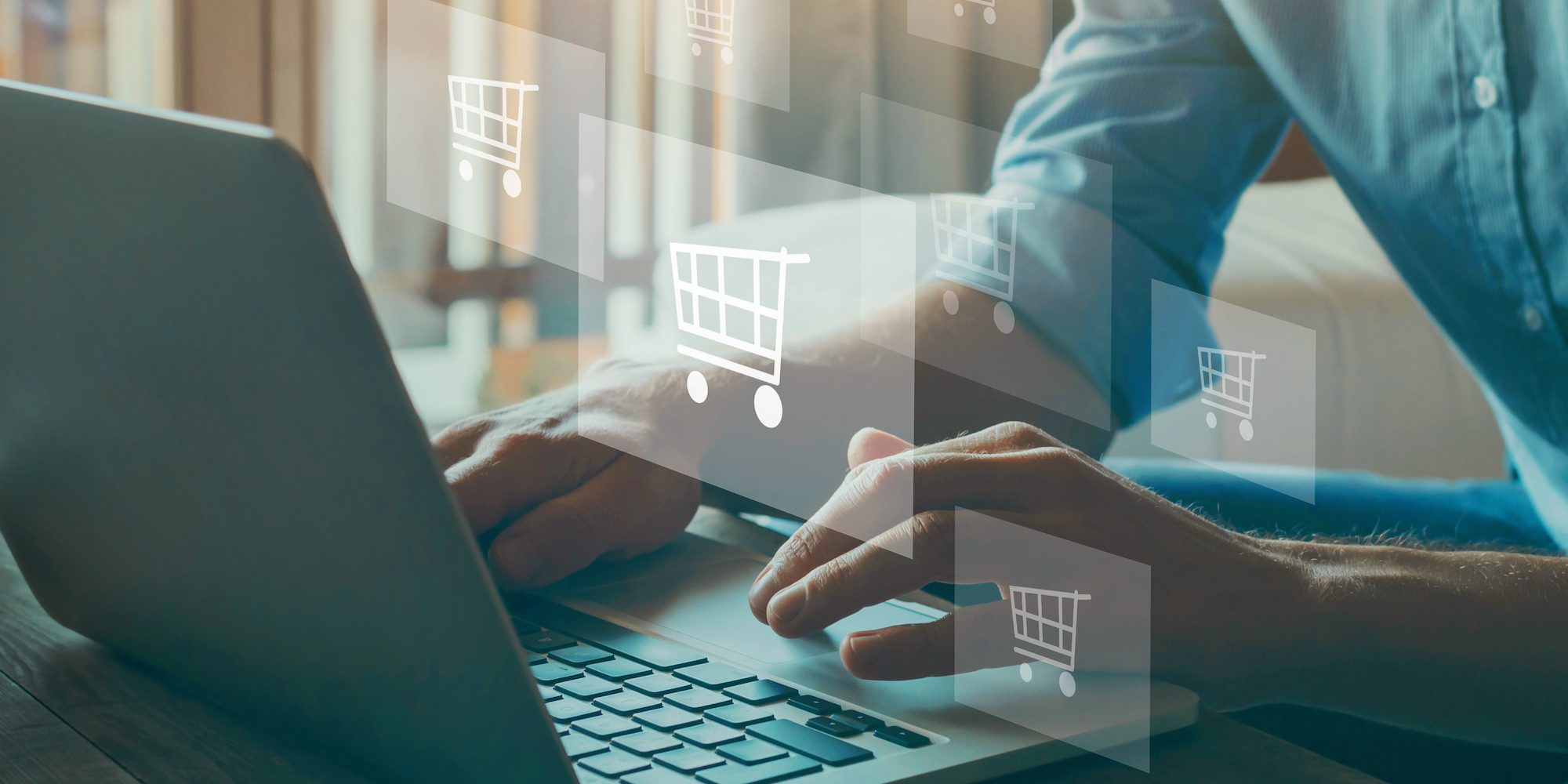 order in online store, shopping on internet, concept on virtual screen with hands typing on keyboard Unlocking Opportunities in CPG Ecommerce Careers