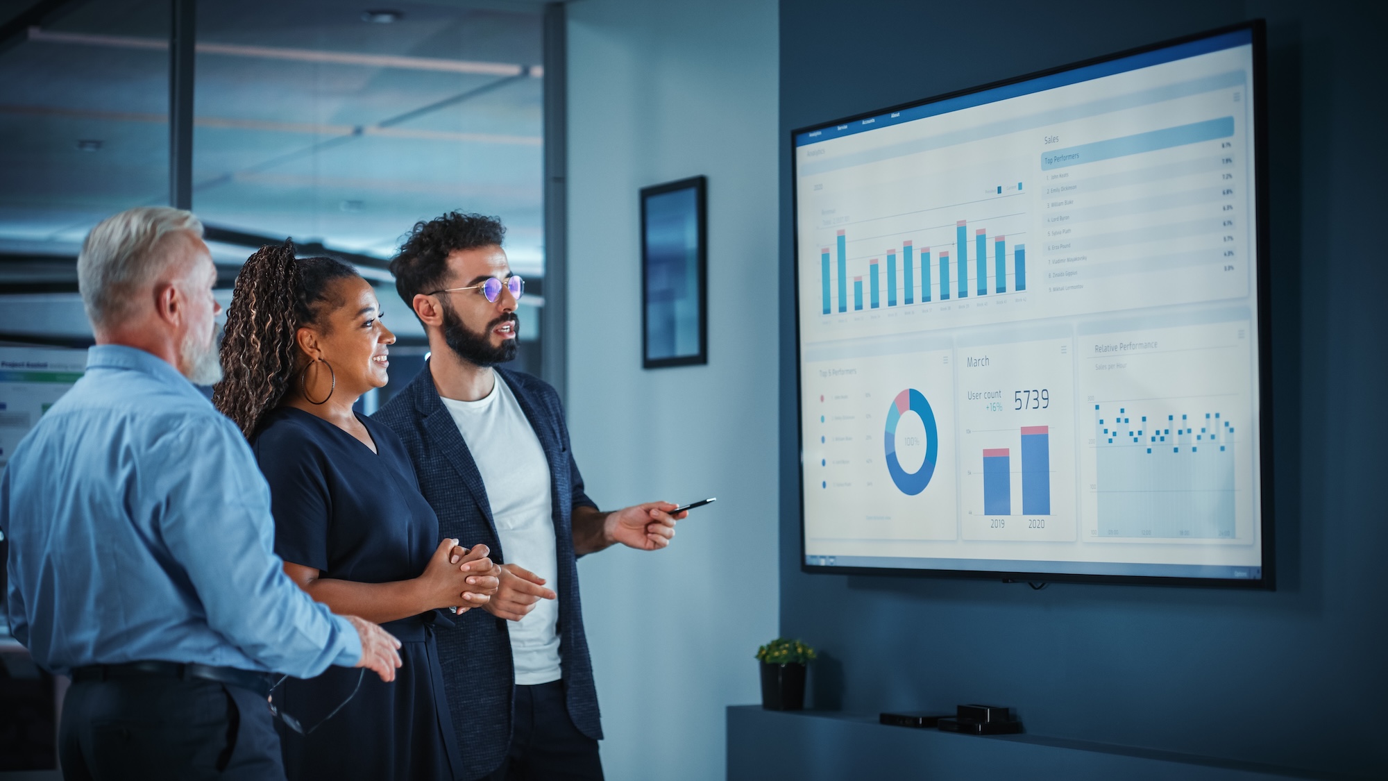 Company Operations Manager Holds Meeting Presentation. Diverse Team Uses TV Screen with Growth Analysis; Charts; Statistics and Data. People Work in Business Office. Boost Your Career: Understanding the Role of CPG Team Leaders